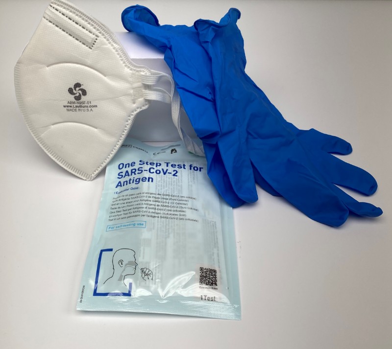 rapid antigen test kit, nitrile gloves, mask